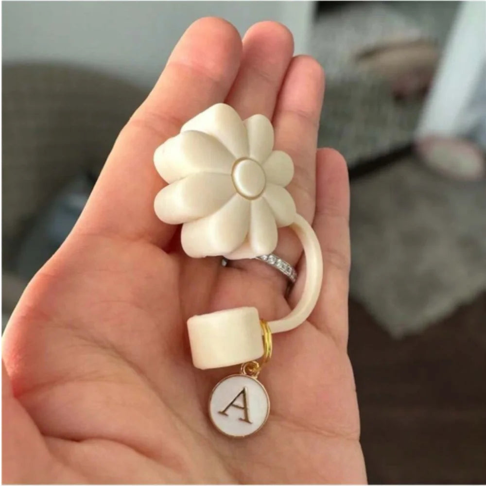 Accesorio blanco crema Tapa de paja, cubierta de paja de silicona de 26 letras Cubierta de paja a prueba de polvo adecuada para botellas de vidrio y agua