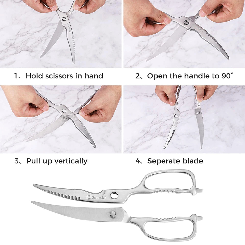 Sunnecko-tijeras de cocina profesionales de acero inoxidable, aptas para lavavajillas, cuchillas curvas de alta resistencia, tijeras de cocina, herramientas de corte