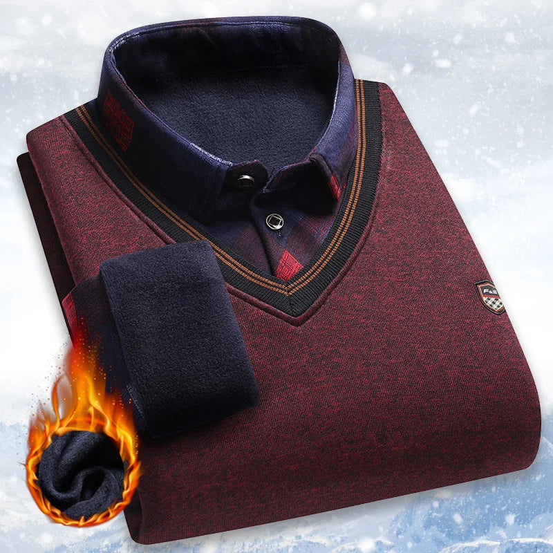 Suéter de felpa para hombre, jersey falso de dos piezas para otoño e invierno, Polo con cuello de lana, Top grueso y cálido, jerséis informales