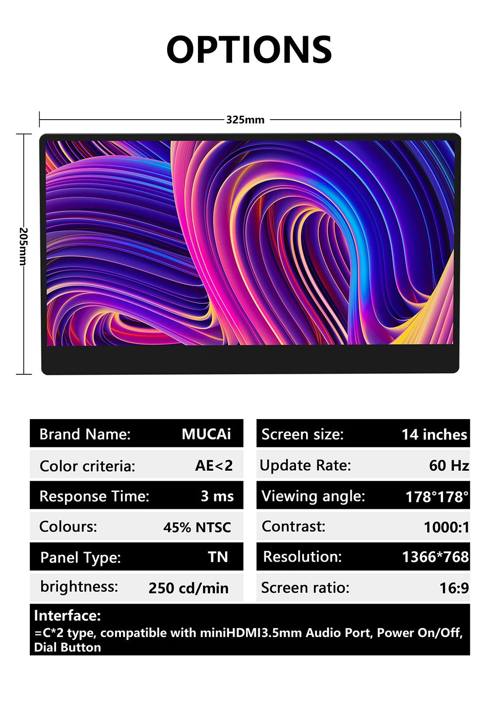 MUCAI N140-S36 Pantalla portátil 14 pulgadas 60 Hz Resolución 1366*768 TN Panel 250cd/ ㎡   Monitor portátil de respuesta de brillo 3 ms