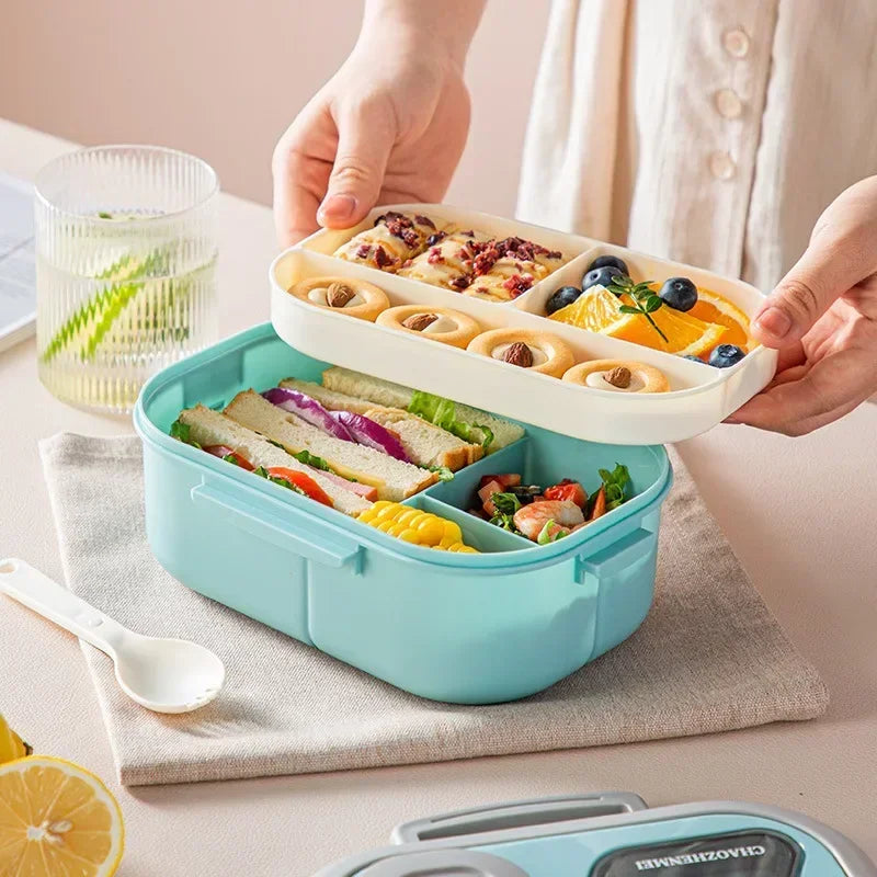 Fiambrera portátil con compartimento, caja con asa de transporte Bento de paja de trigo, contenedores de vajilla reutilizables, contenedores de comida para aperitivos y comida