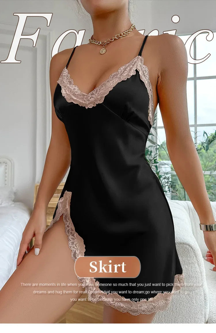 Camisón Lencería Leopardo con Encaje, Escote V y Abertura Lateral