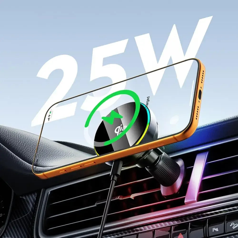 Cargador Magnético para Coche Qi2 de 25W con Luz RGB, Soporte para Rejilla de Ventilación con Carga Rápida y Refrigeración para iPhone 17 Pro Max