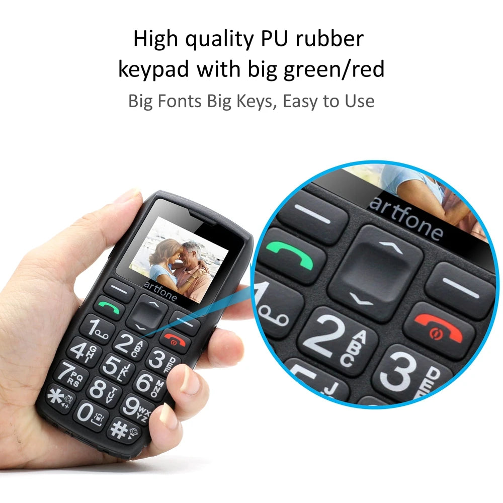 Teléfono móvil para personas mayores Artfone C1+ con base de carga gratuita, teclado grande de goma, para personas mayores, doble SIM, botón SOS, FM, 1400 mAh
