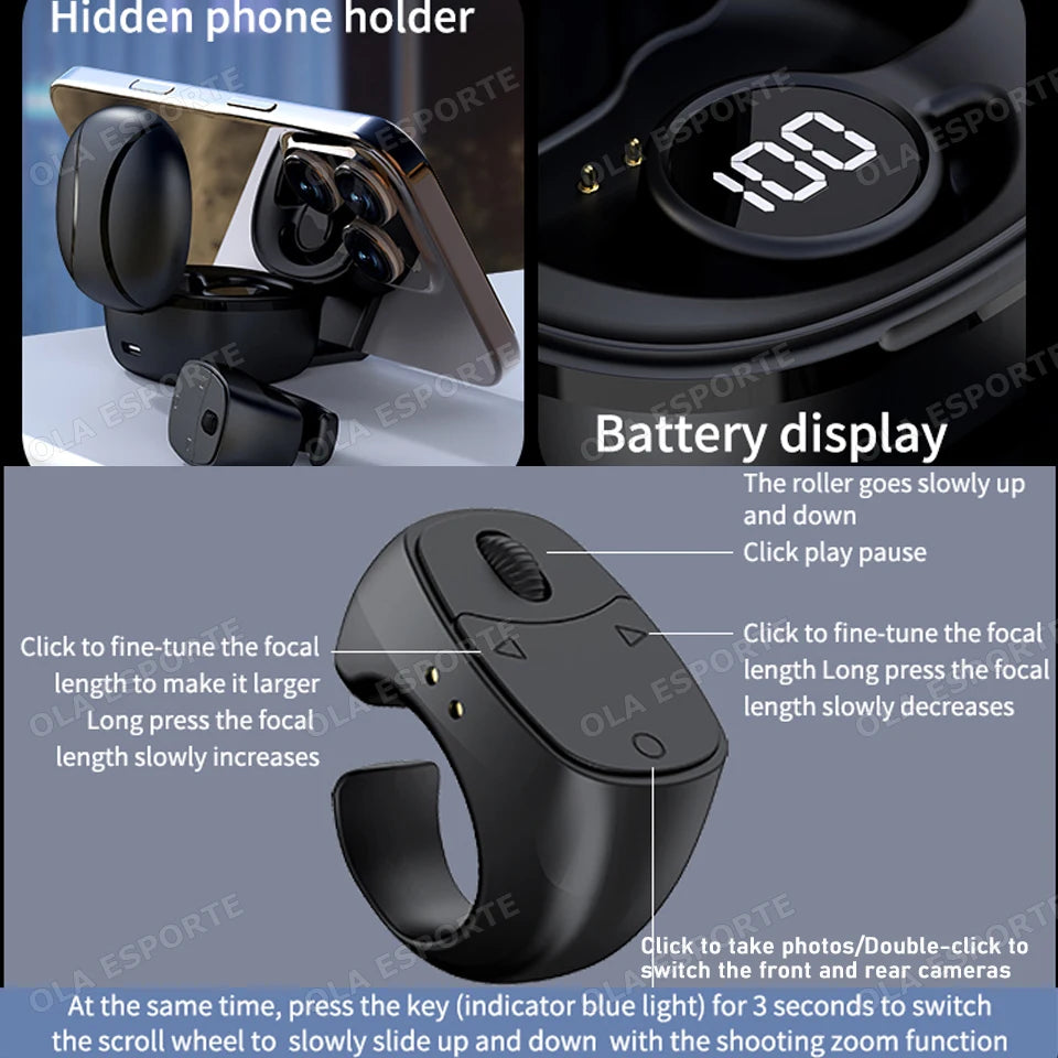 Rodillo anillo para la yema del dedo Control remoto inalámbrico Bluetooth móvil Selfie ratones vídeo giratorio de página automático navegación para Android IOS