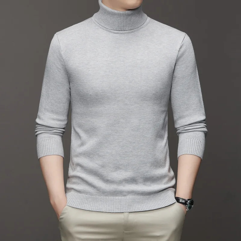 2025 nuevos suéteres de punto para hombre, jerseys transpirables de cuello alto de Color sólido, ropa de calle básica cálida para exteriores, Tops de negocios de otoño