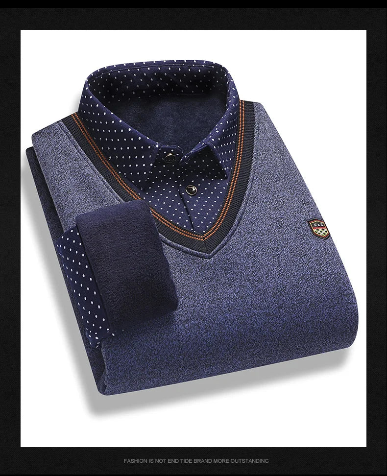 Suéter de felpa para hombre, jersey falso de dos piezas para otoño e invierno, Polo con cuello de lana, Top grueso y cálido, jerséis informales