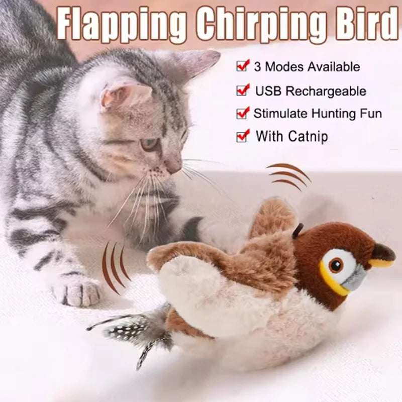 Juguete interactivo para gatos, pájaro batiente con hierba gatera, pájaro de simulación recargable, juguetes para gatos, juguetes de peluche esponjosos activados por tacto para gatos