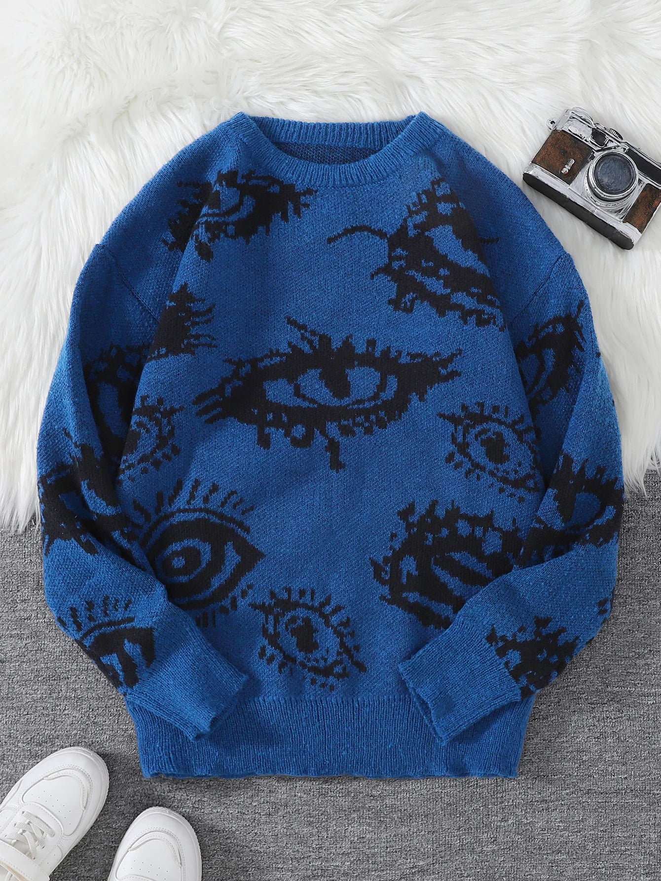 Nuevo Jersey Popular de otoño e invierno con diseño de Jacquard de ojos abstractos, suéter informal de punto con cuello redondo para hombre