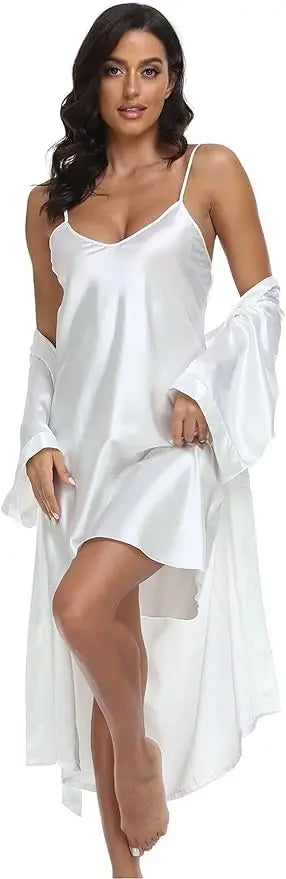 Conjunto de pijamas de seda de lujo para mujer, bata de manga larga, falda holgada cómoda, pijamas para mujer, conjunto de dos piezas
