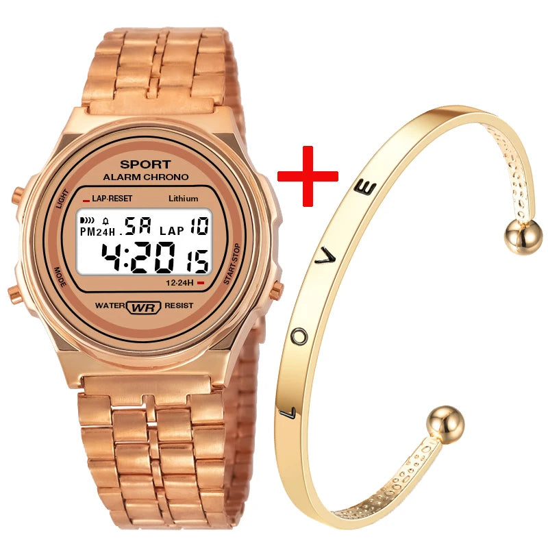 Reloj electrónico LED informal para mujer, correa Retro de acero inoxidable, reloj Digital LED para mujer, reloj de pulsera deportivo multifunción