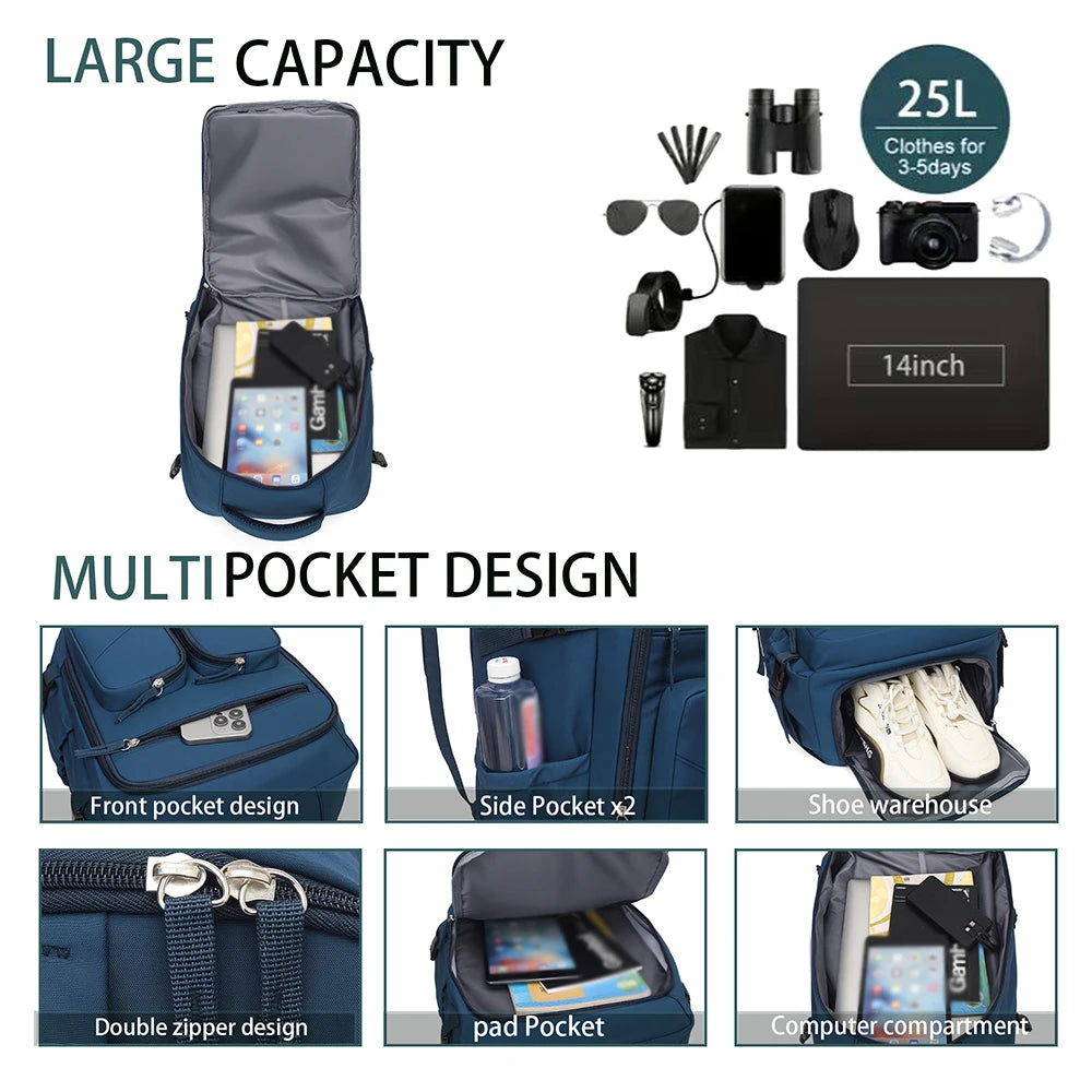 Mochila de Viaje de 25L, 180 °     Mochila para Portátil con Compartimento para Zapatos, Bolsa de Nailon Resistente para el Trabajo y Viajes