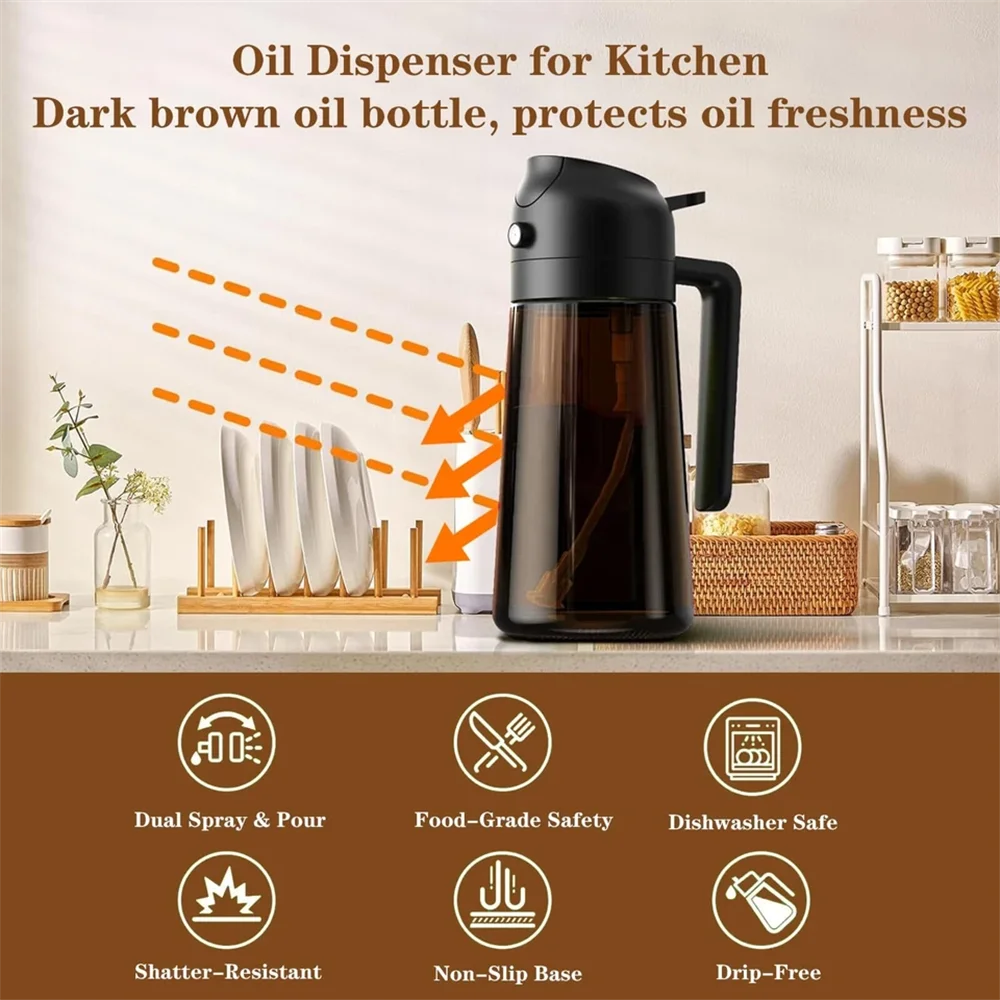 Dispensador y pulverizador de aceite de vidrio 2 en 1, botella pulverizadora de aceite de oliva a prueba de fugas de 16oz/470ml para cocinar, freidora de aire, barbacoa, hornear, ensalada