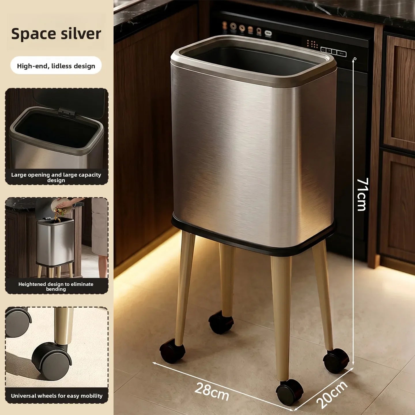Cubo de basura rodante de acero inoxidable con tapa, 15 litros