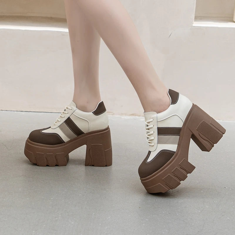 Zapatos de Tacon Alto con Plataforma para Mujer - Cuero con Cordones