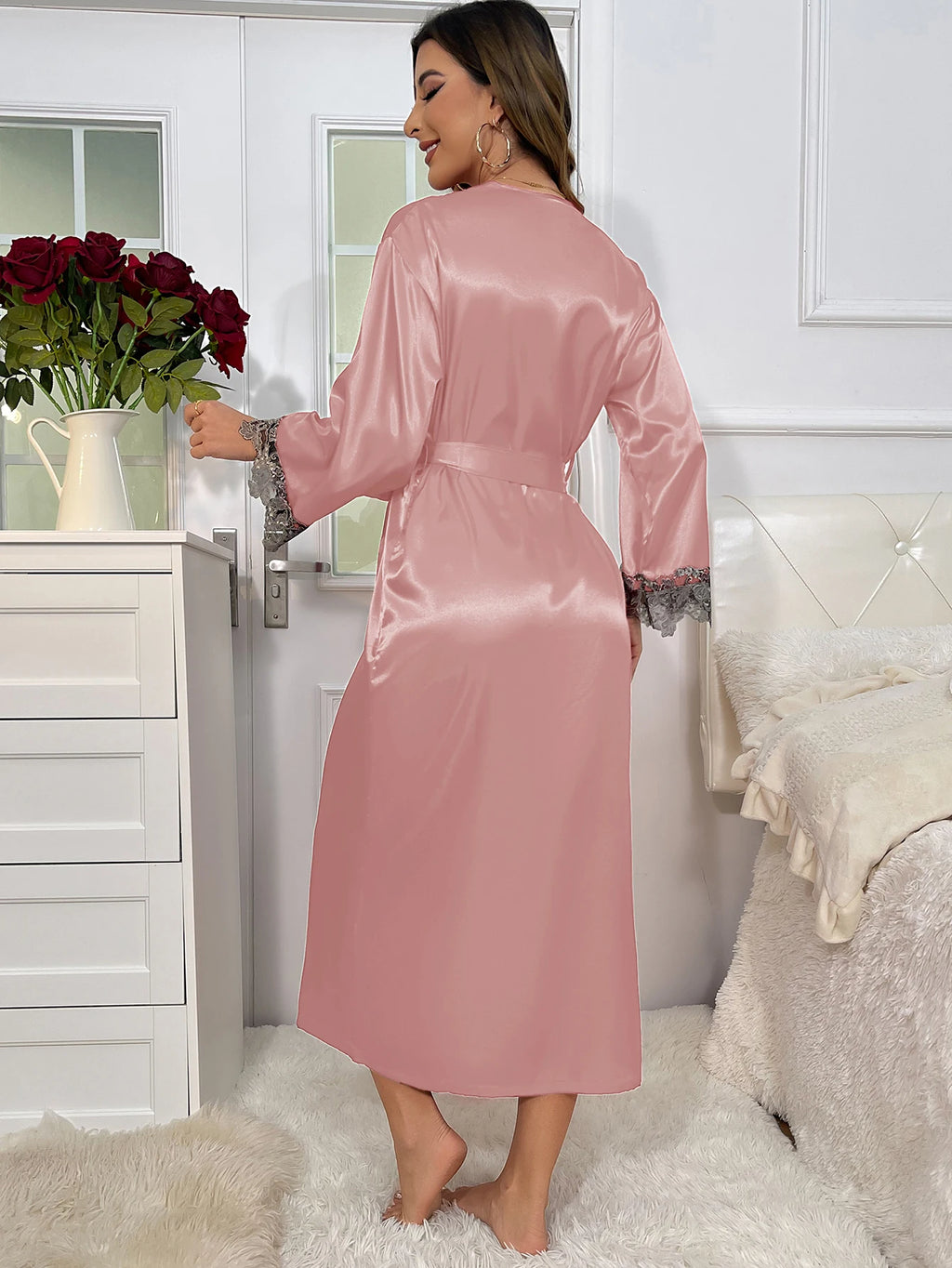 2cs Contraste de encaje de manga larga con cinturón bata con cuello en V vestido deslizante Sexy elegante conjuntos de pijamas para mujer