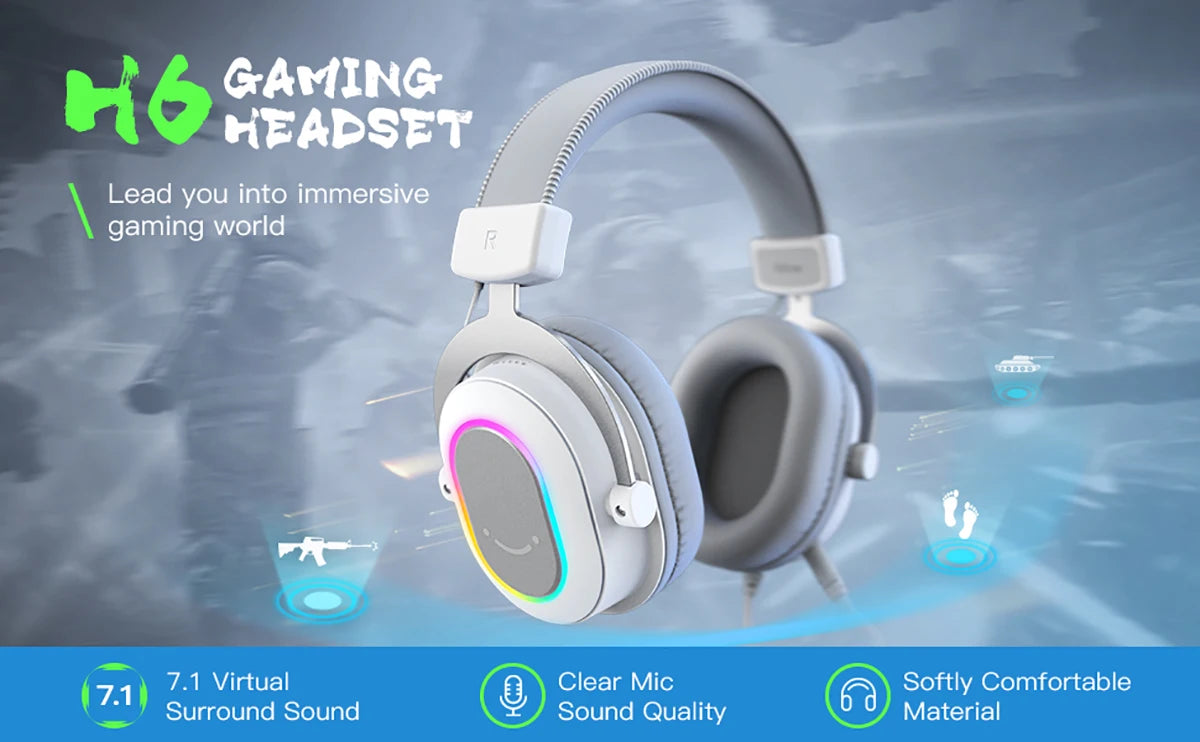 FIFINE RGB Auriculares para juegos con sonido envolvente 7,1/3-EQ/MIC, auriculares supraaurales con control en línea para PC PS4 PS5 Ampligame-H6W