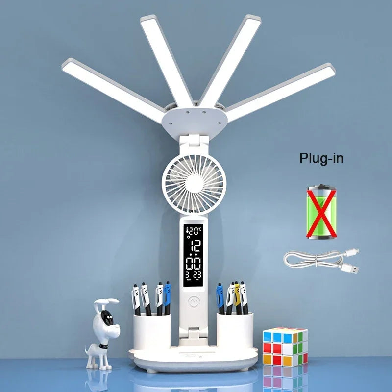 Lámpara LED de Mesa con Ventilador, Reloj y Carga USB, 3 Modos de Color