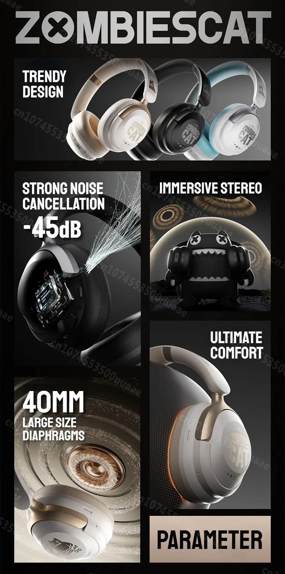 Zombies Cat S10 ANC auriculares Bluetooth 6,0-auriculares con cancelación activa de ruido de 45dB estéreo HiFi cable supraaural/auriculares inalámbricos