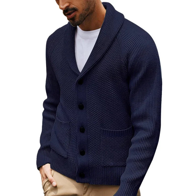 2025 Jersey nuevo de punto para hombre, cárdigan de manga larga con cuello abotonado y bolsillo, suéter informal de invierno para hombre