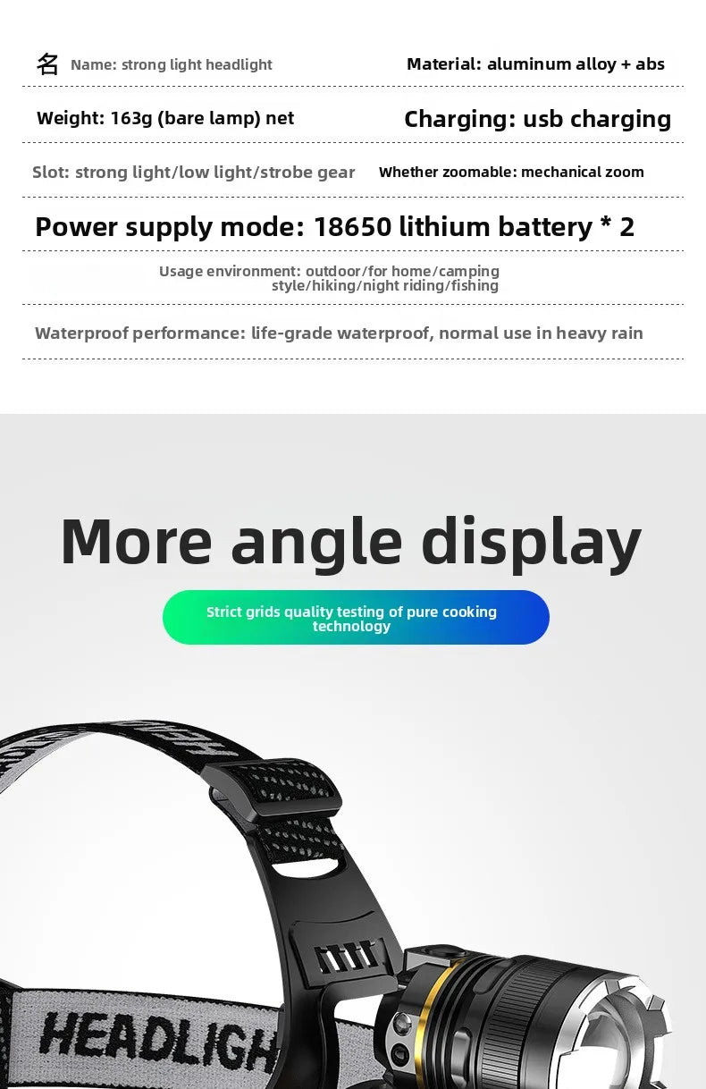 Linterna Frontal LED Recargable 2x18650 con Zoom, para Pesca y Camping