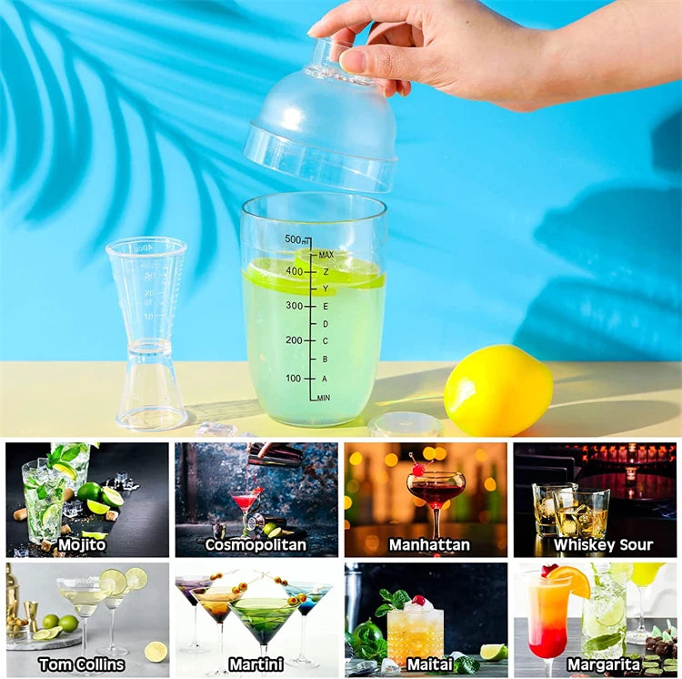 LMETJMA-Juego de coctelera de plástico, mezclador de bebidas con marcador, coctelera transparente y Jigger de medición, taza de onza JT25
