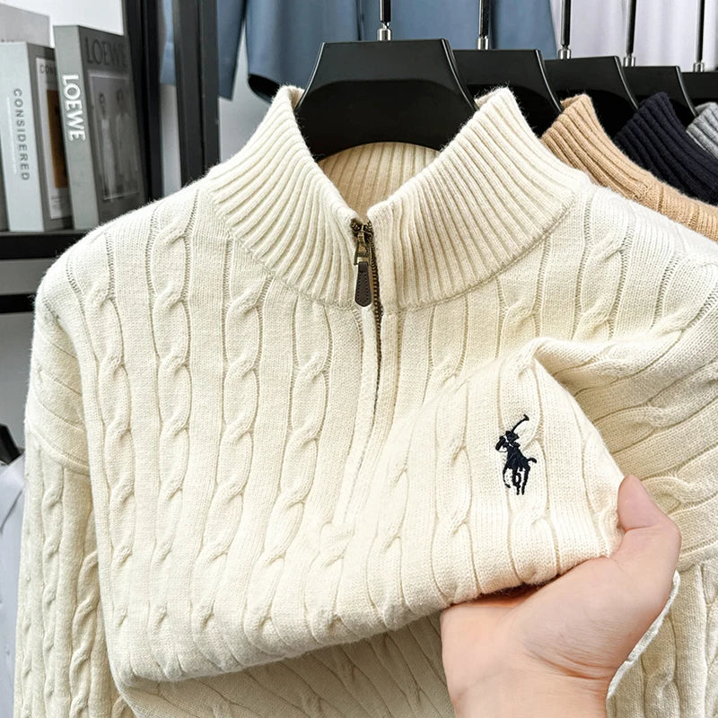 Suéter Vintage para Hombre con Cuello Alto, Bordado y Cremallera