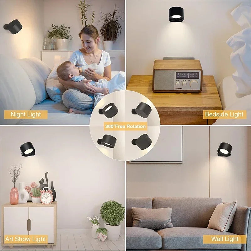Apliques de Pared LED, Lámparas Montadas con Batería Recargable Dim 3 Brillo Carga Removible 360 ° Gire la bola magnética