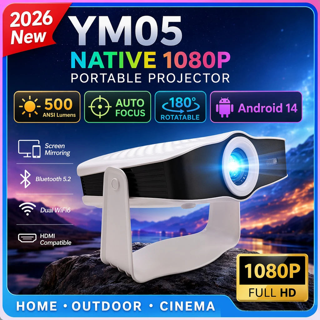 Nuevo Proyector Portátil YM05 2026, Resolución Nativa 1080P, 800 ANSI Lúmenes, Enfoque Automático, Android 14, 180 °   Cine en Casa y al Aire Libre Giratorio