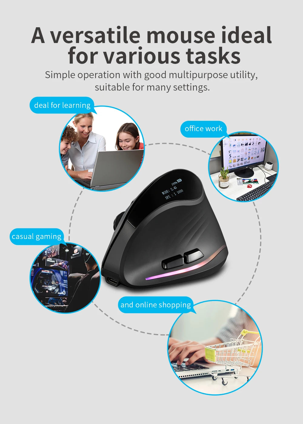 Ratón Inalámbrico Ergonómico Lefon 2.4G, Ratón Vertical Recargable para Juegos, para PC, Portátil, MacOS, Oficina, Modelo F35C/F35B/F35
