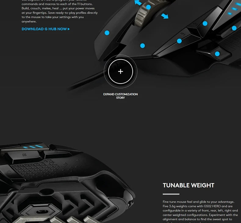 Logitech G502 HERO Ratón para juegos con cable de alto rendimiento, sensor HERO 25K, 25,600 DPI, RGB, pesas ajustables, 11 programables