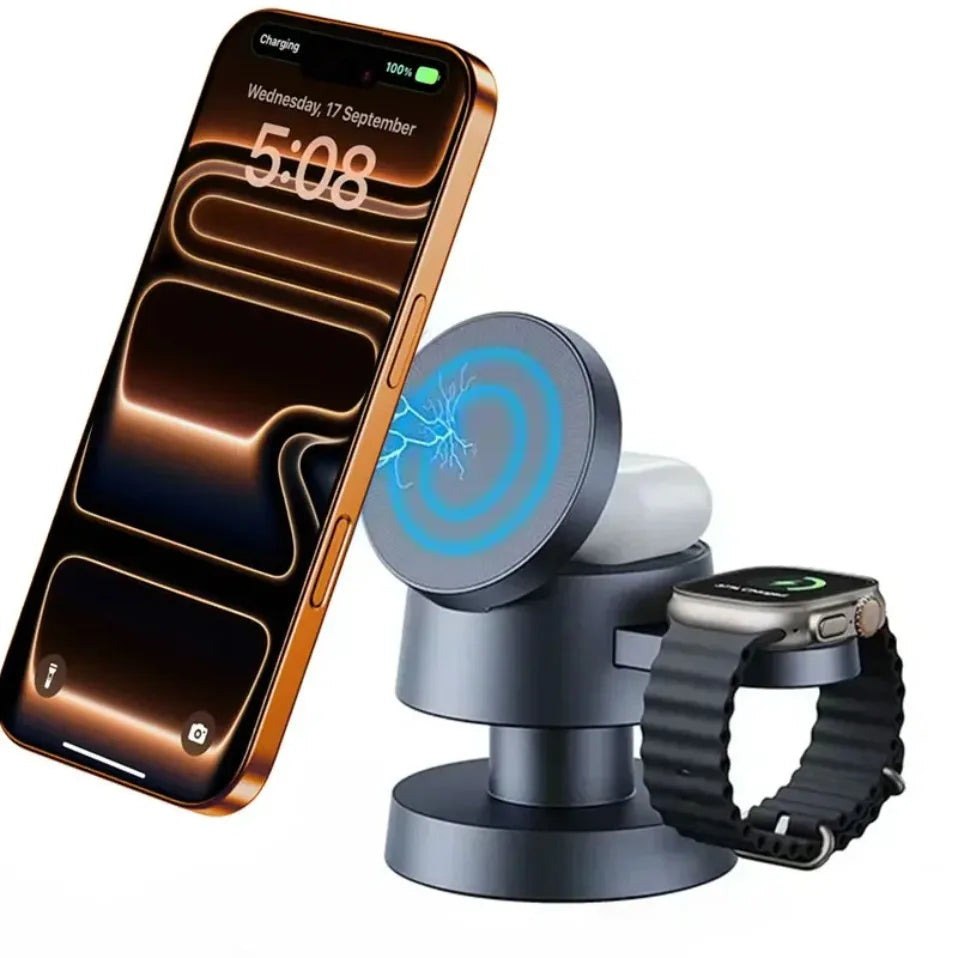 Base de Carga Inalámbrica Magnética 3 en 1 con Luz Nocturna Integrada, Estación de Carga Rápida para Teléfono Celular, Reloj y Auriculares de Escritorio