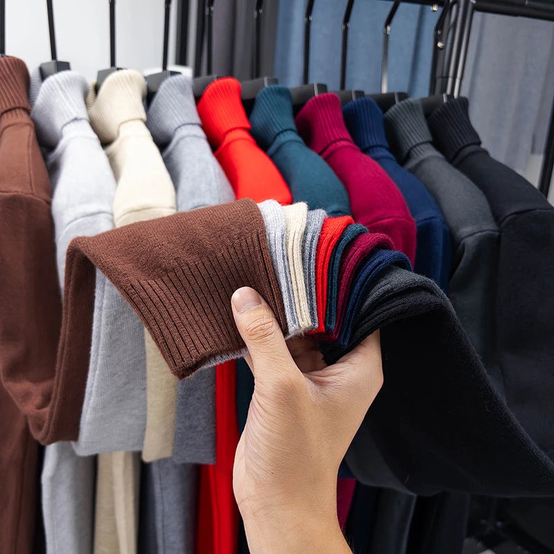 Otoño para hombre de alta calidad de punto suéter de cuello alto ajustado de manga larga anti-pilling jersey Color sólido tendencia hombres Streetwea