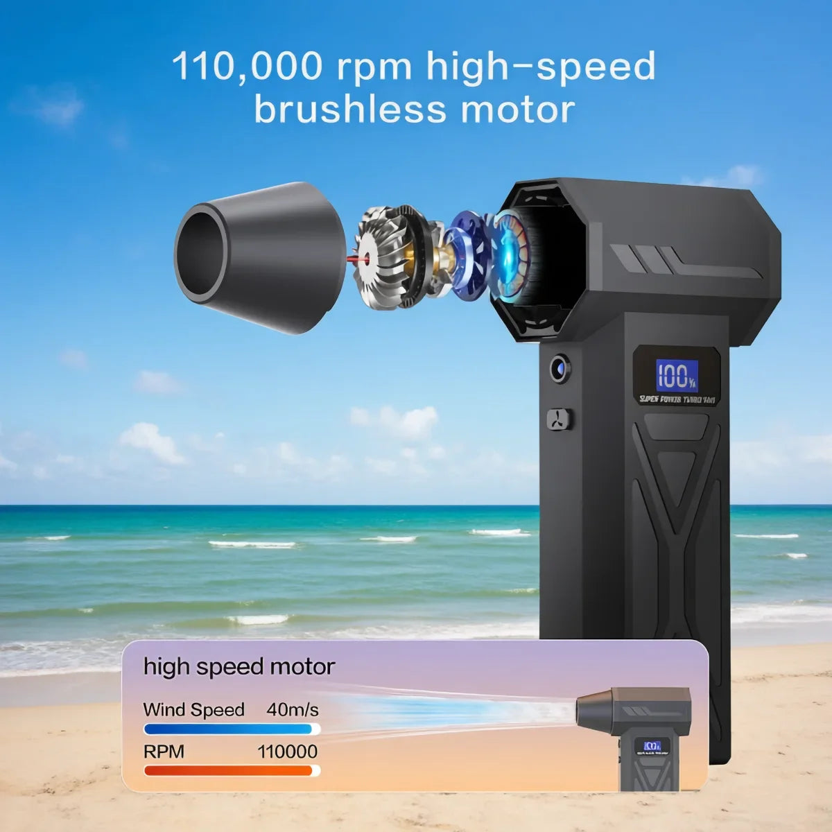 Potente soplador de aire de 110000Rpm, soplador de chorro Turbo ajustable de 4 engranajes con pantalla de batería de luz Led, plumero de aire comprimido inalámbrico