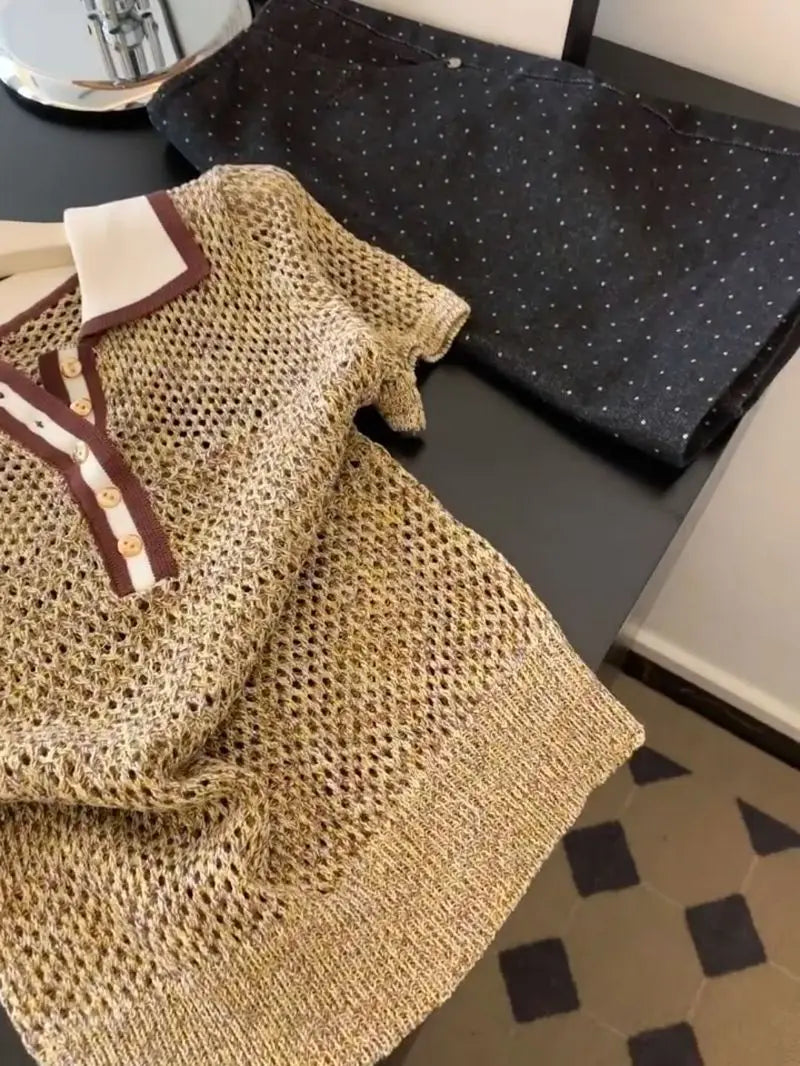 Camiseta de Punto Brillante Vintage con Cuello Polo