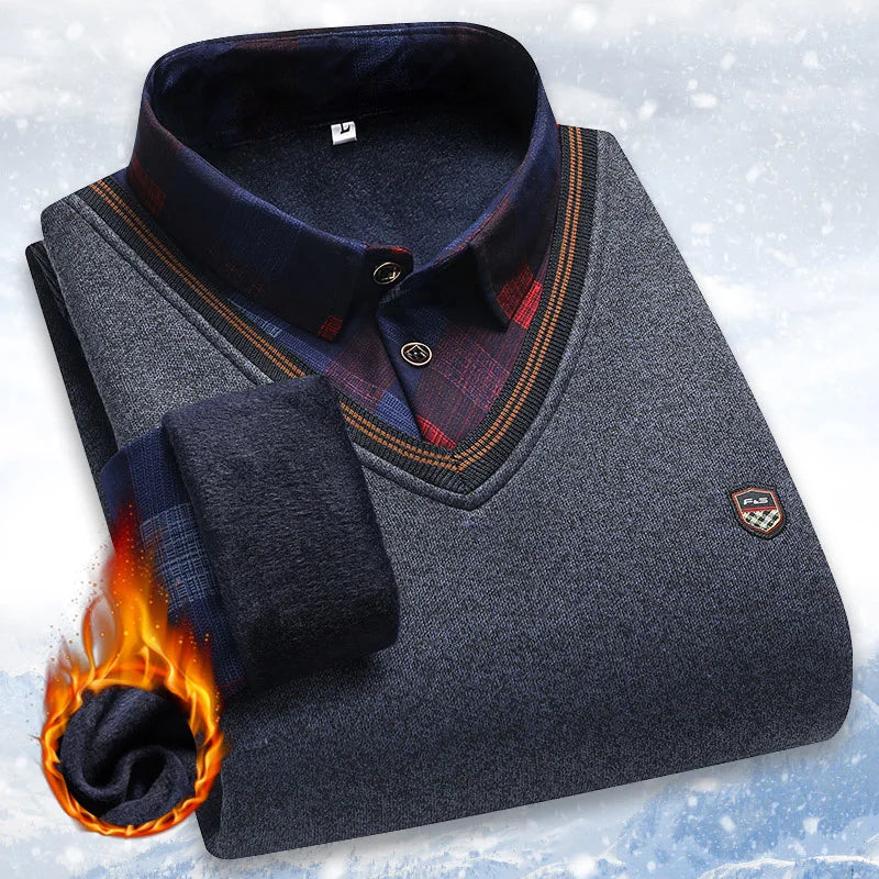 Suéter de felpa para hombre, jersey falso de dos piezas para otoño e invierno, Polo con cuello de lana, Top grueso y cálido, jerséis informales