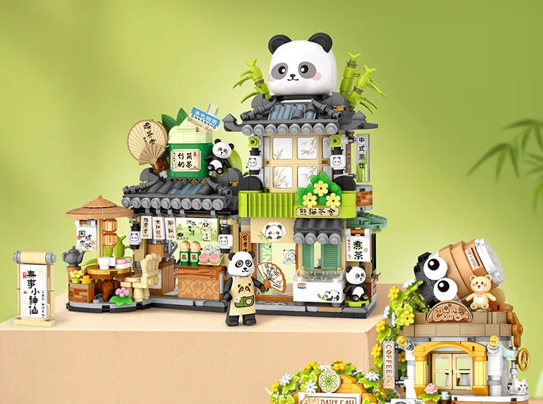 LOZ - Juego de Bloques de Construcción de la Serie Escena Urbana Plegable, Casa de Té Panda, Cafetería, Adorno de Escritorio, Regalo de Cumpleaños para Adultos