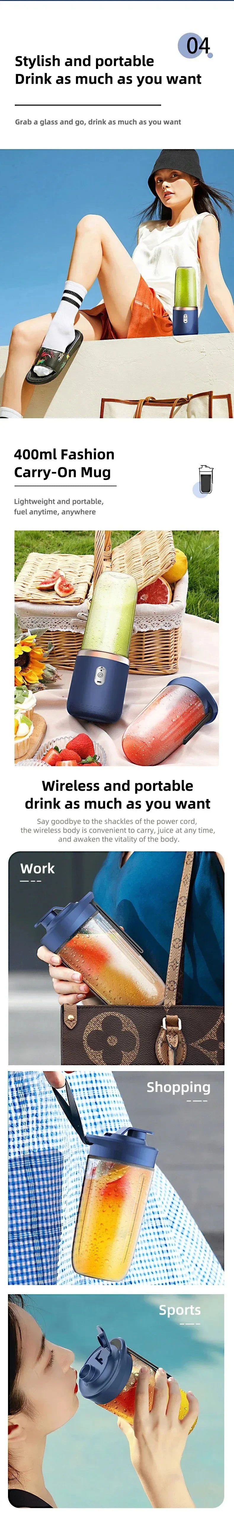 Licuadora Portátil USB 400ml Vaso Eléctrico para Jugos