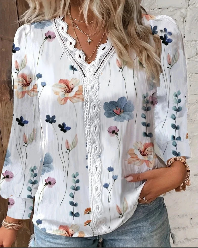 Camisa de Manga Larga con Volantes y Estampado para Mujer