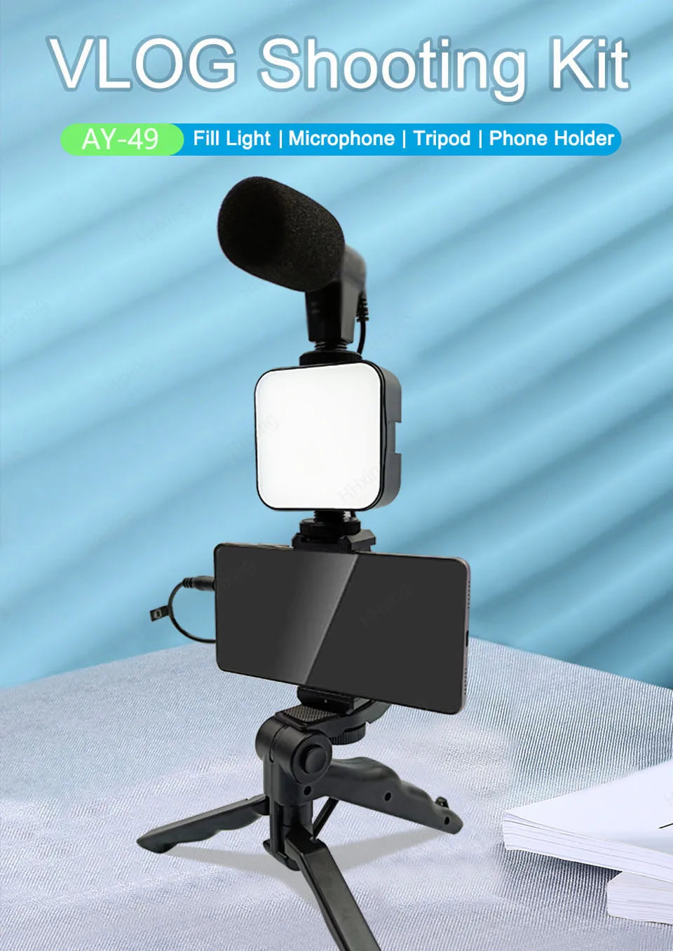 Soporte para teléfono móvil, iluminación de fotografía, Kit de vídeo para Smartphone, micrófono LED, trípode para Selfie, mango de grabación, soporte estabilizador portátil