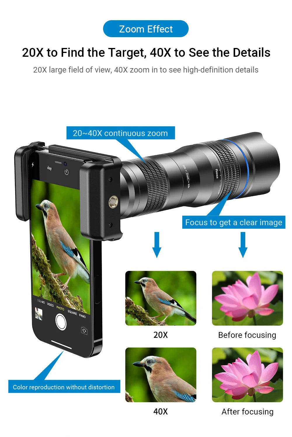 Lente Teleobjetivo APEXEL Zoom 20x-40x para Smartphones con Trípode