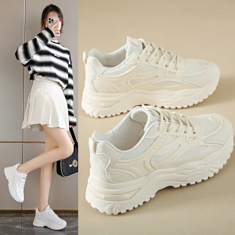 Zapatillas blancas para mujer, nuevas de cuero 2023, zapatillas gruesas, zapatos deportivos para mujer, zapatos vulcanizados de tenis gruesos, zapatos de plataforma de cesta