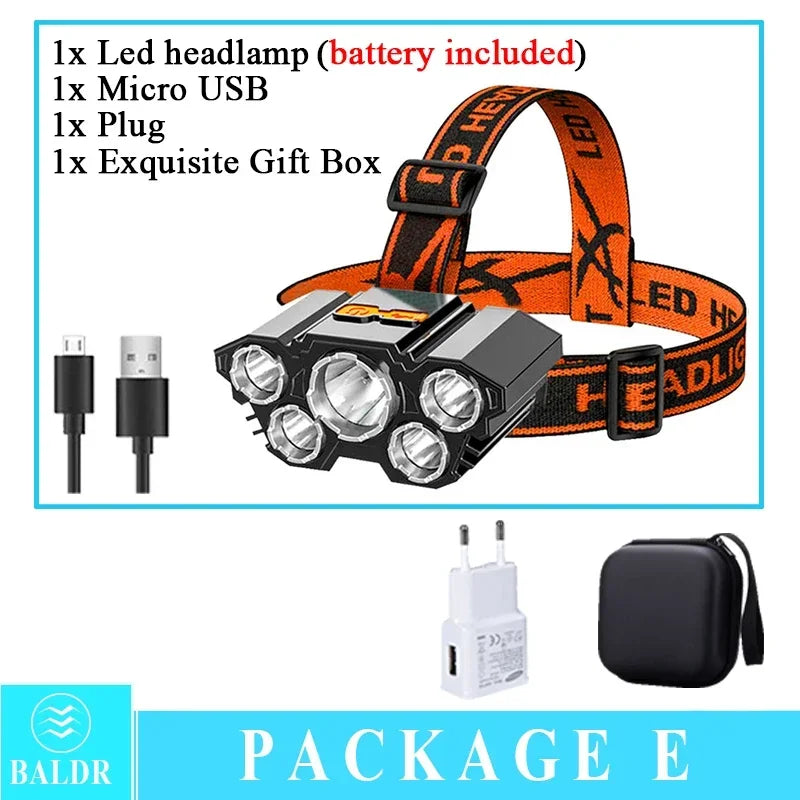 Linterna Frontal Recargable USB 5 LED para Pesca y Camping