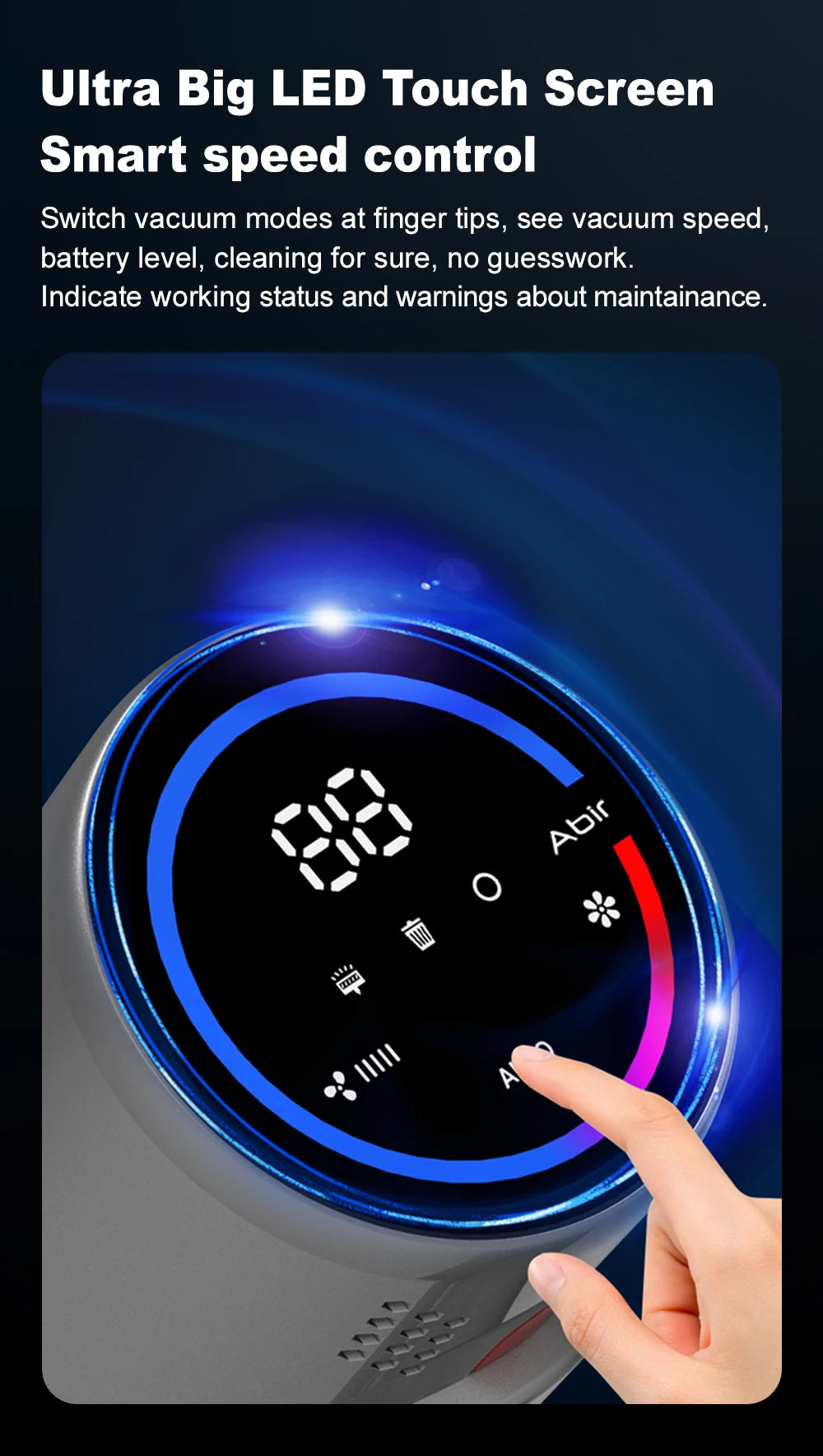 Aspiradora de Mano Inalámbrica ABIR VC205, 27000PA, Sensor de Polvo, Control de Velocidad