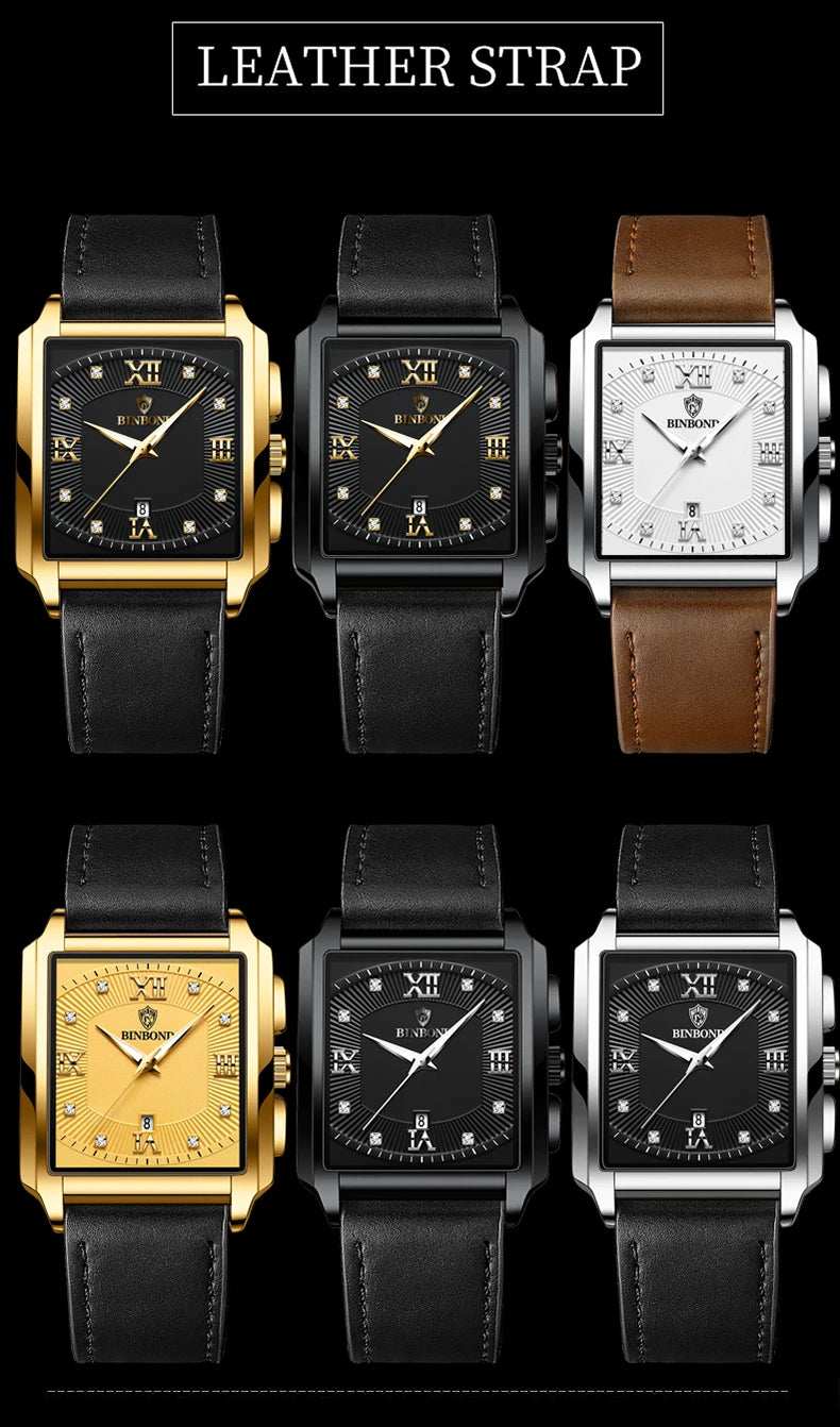 Reloj de Cuarzo Analógico de Lujo BINBOND para Hombre Esfera Cuadrada