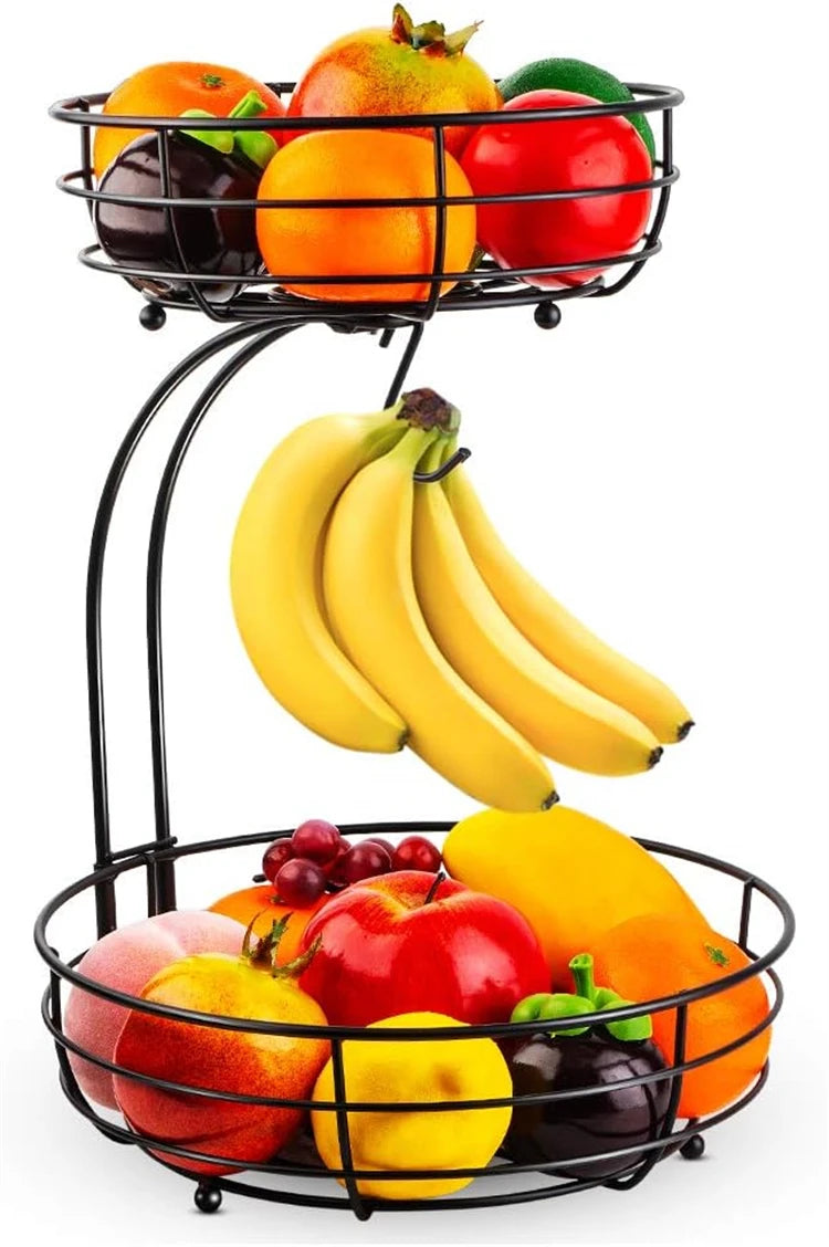 LMETJMA-cesta de frutas para encimera de 2 niveles, cuenco con colgador de plátano, soporte de frutas de alambre de Metal para cocina, organizador de almacenamiento JT312