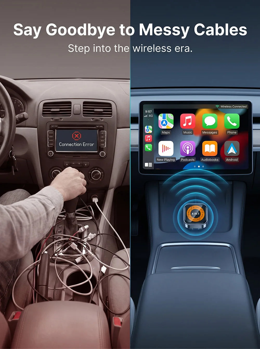 Adaptador Inalámbrico 4 en 1 para Apple CarPlay, Android Auto, AirPlay y MirrorLink, Conexión por Cable a Inalámbrica, USB C Mini, Plug and Play