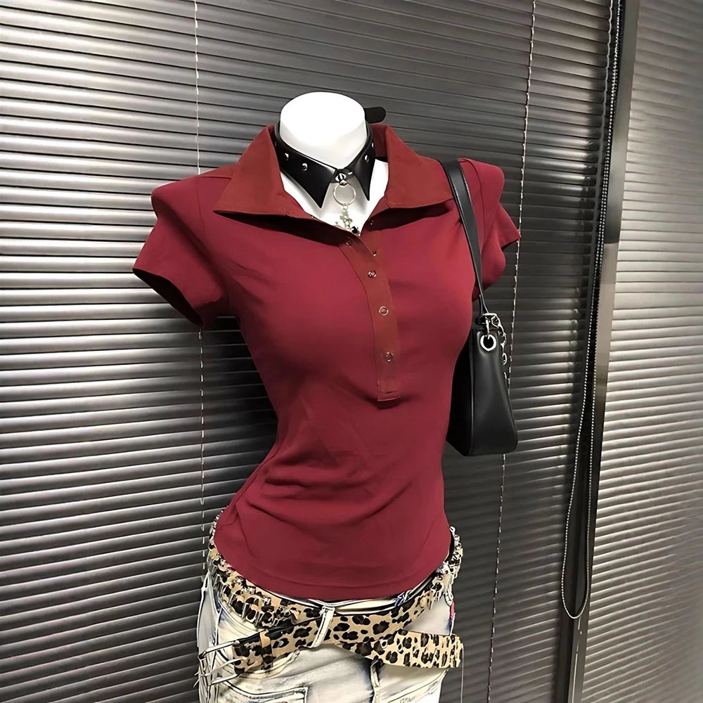 Camiseta con Cuello Polo Estilo Harajuku para Mujer