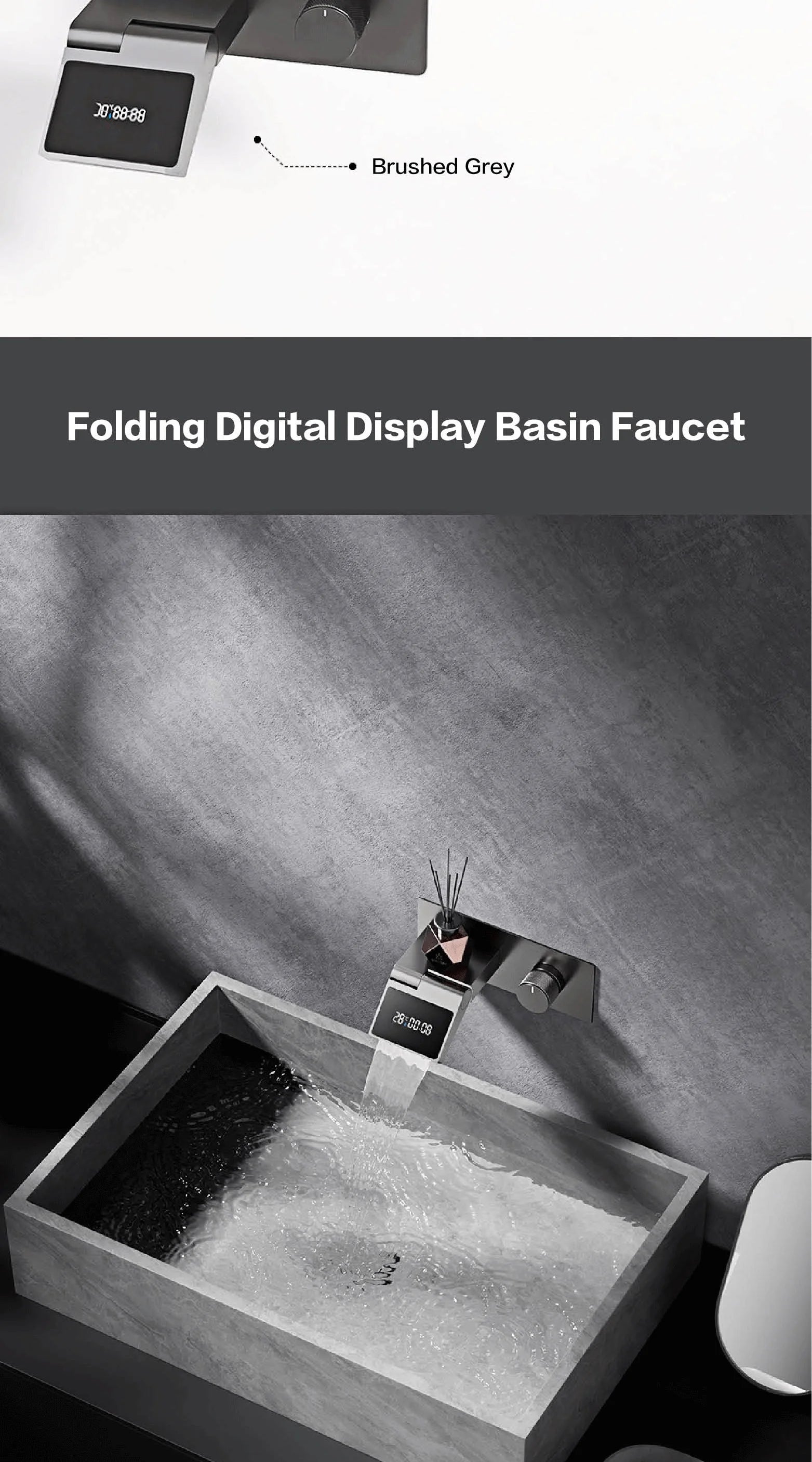 Grifo de baño montado en la pared de latón gris con pistola de lujo con pantalla digital LED Grifo de baño integrado de agua fría y caliente con una sola manija