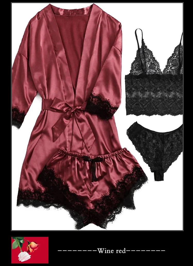 4 piezas ropa de dormir para mujer pijamas Ser con bata lencería de encaje Sexy Albornoz satén de seda ropa de dormir para el hogar bata